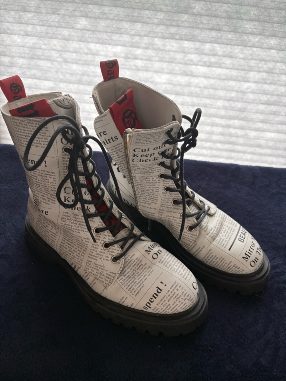 John Galliano Black and White Newspaper Print Lace-Up Ankle Boots